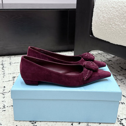 PRADA 26S POINTED-TOE BALLET IN BURGUNDY SUEDE