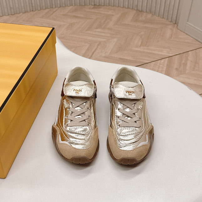 FENDI 25S CORTEZ RETRO SNEAKERS IN SOFT GOLD MIX BROWN LAMBSKIN