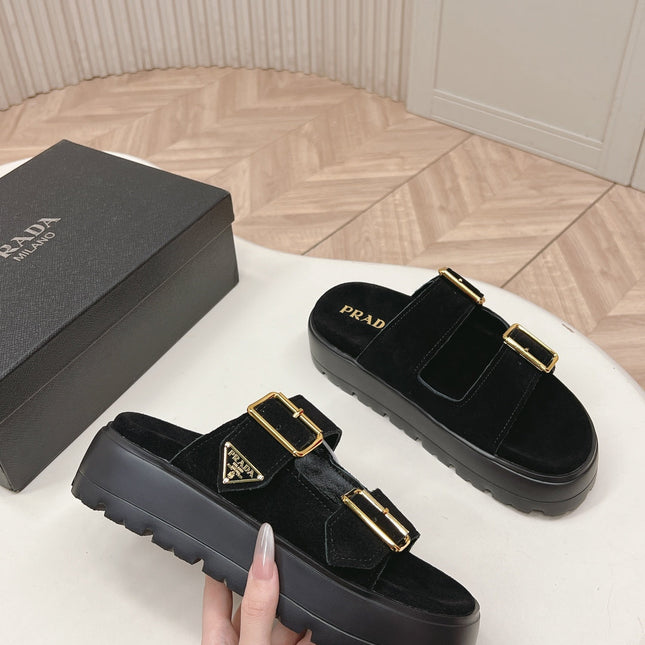 PRADA 26S DOUBLE STRAP PLATFORM SLIDES SANDALS IN BLACK SUEDE