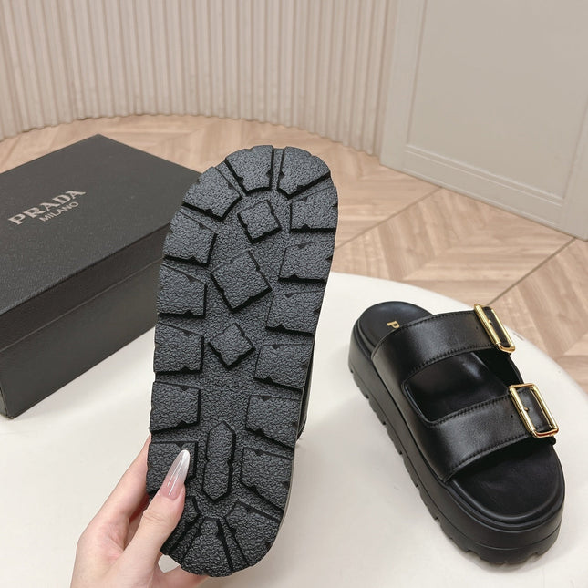 PRADA 26S DOUBLE STRAP PLATFORM SLIDES SANDALS IN BLACK CALFSKIN