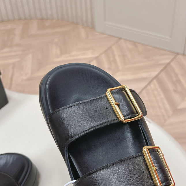 PRADA 26S DOUBLE STRAP PLATFORM SLIDES SANDALS IN BLACK CALFSKIN
