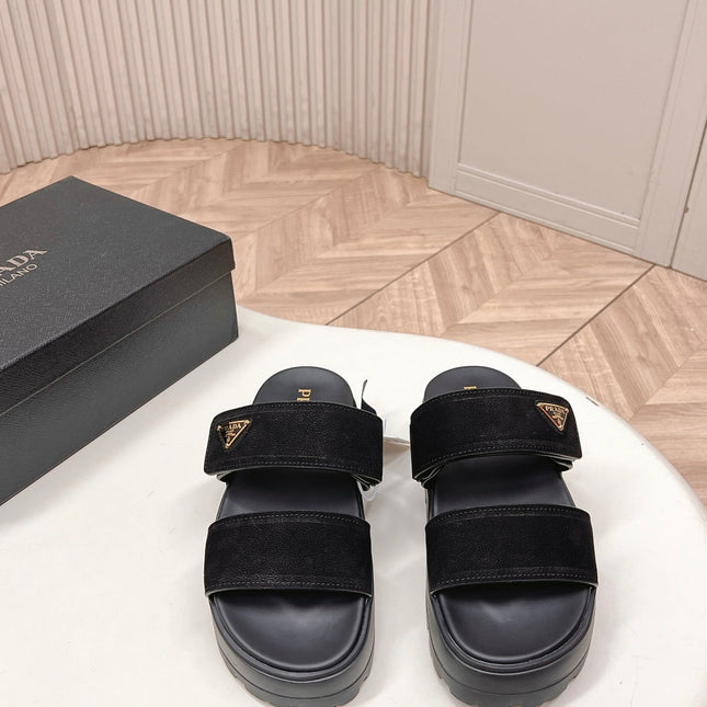PRADA 26S DOUBLE STRAP PLATFORM SLIDES IN BLACK CALFSKIN WITH VELCRO