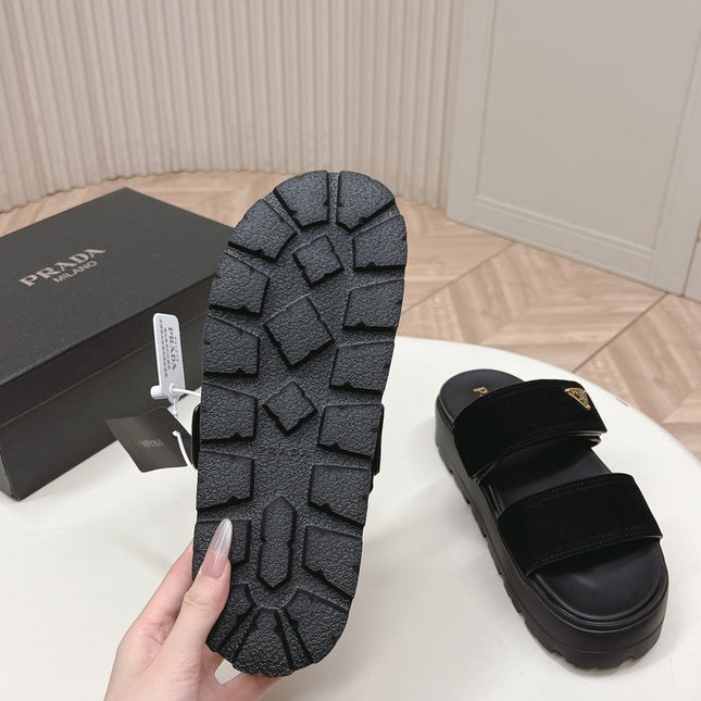 PRADA 26S DOUBLE STRAP PLATFORM SLIDES IN BLACK CALFSKIN WITH VELCRO
