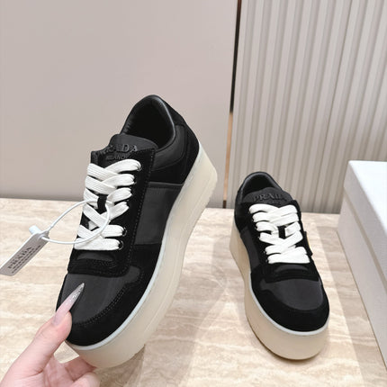 PRADA 26S PLATFORM SNEAKERS 50MM IN BLACK AND WHITE SUEDE AND WATERPROOF FABRIC