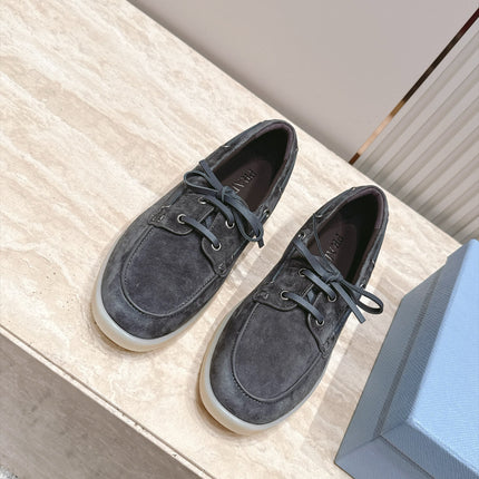PRADA 26S LACE UP BOAT SHOES IN DARK GRAY SUEDE WITH LACES