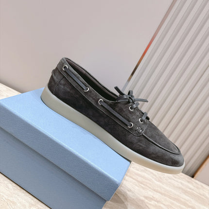 PRADA 26S LACE UP BOAT SHOES IN DARK GRAY SUEDE WITH LACES