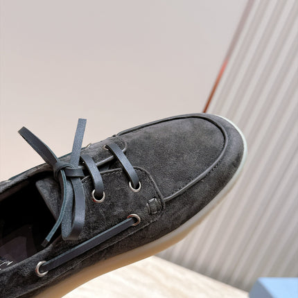 PRADA 26S LACE UP BOAT SHOES IN DARK GRAY SUEDE WITH LACES