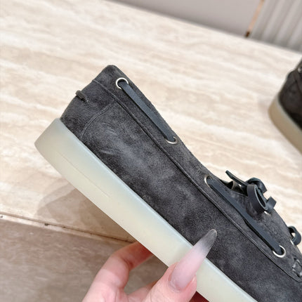 PRADA 26S LACE UP BOAT SHOES IN DARK GRAY SUEDE WITH LACES