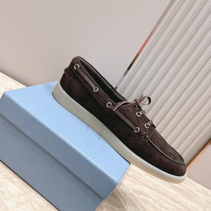 PRADA 26S LACE UP BOAT SHOES IN DARK BROWN SUEDE WITH LACES