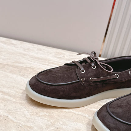 PRADA 26S LACE UP BOAT SHOES IN DARK BROWN SUEDE WITH LACES