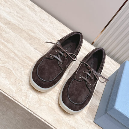 PRADA 26S LACE UP BOAT SHOES IN DARK BROWN SUEDE WITH LACES