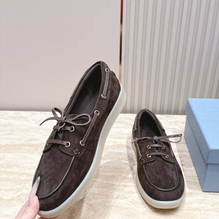 PRADA 26S LACE UP BOAT SHOES IN DARK BROWN SUEDE WITH LACES