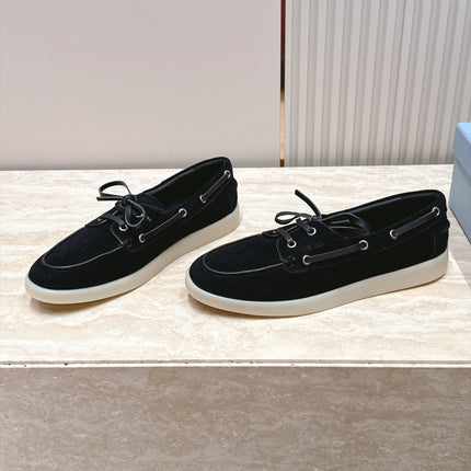 PRADA 26S LACE UP BOAT SHOES IN BLACK SUEDE WITH LACES