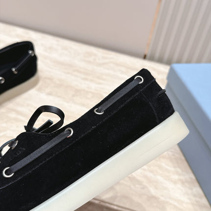PRADA 26S LACE UP BOAT SHOES IN BLACK SUEDE WITH LACES