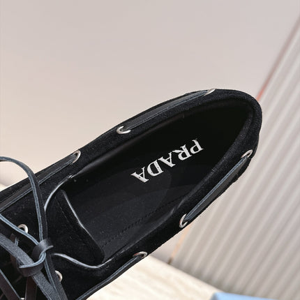 PRADA 26S LACE UP BOAT SHOES IN BLACK SUEDE WITH LACES