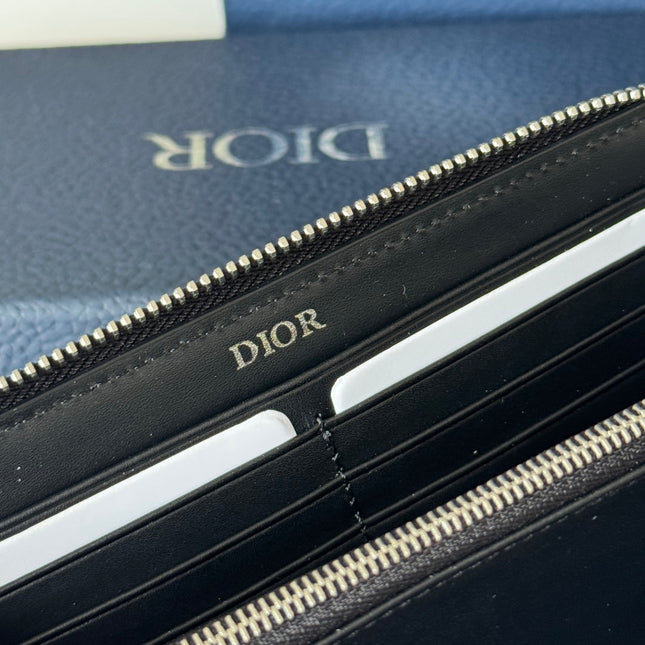 DIOR 25S SADDLE LONG ZIPPED WALLET 19 IN BLACK GRAINED CALFSKIN MARQUETRY