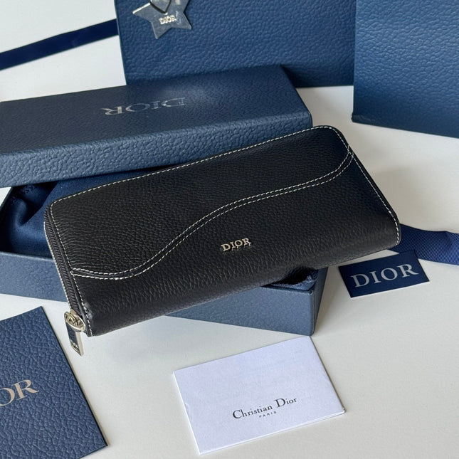 DIOR 25S SADDLE LONG ZIPPED WALLET 19 IN BLACK GRAINED CALFSKIN MARQUETRY