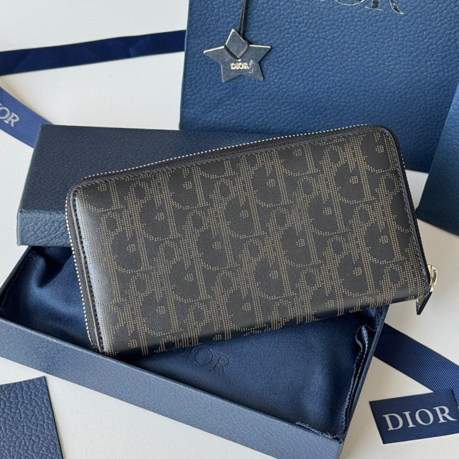 DIOR 25S LONG VERTICAL ZIPPED WALLET 19 IN BLACK CALFSKIN SILVER HARDWARE