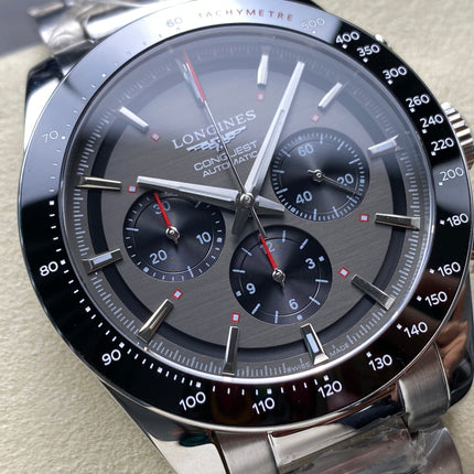 CONQUEST CHRONOGRAPH 42 MM SILVER CASE WITH FULL BLACK DIAL