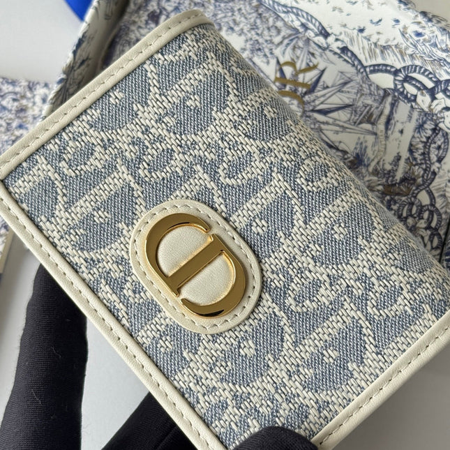 DIOR 25S CARO CARD HOLDER 11 IN LIGHT BLUE CALFSKIN AND CANVAS GOLD HARDWARE