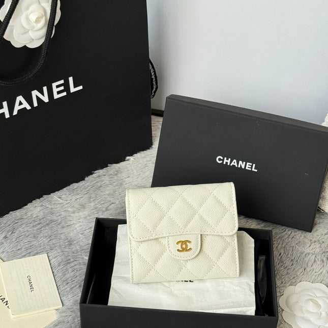 CHANEL 25S CF SMALL TRI FOLD WALLET 11 IN IVORY CAVIAR GOLD HARDWARE