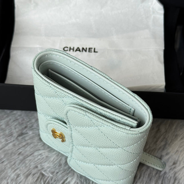 CHANEL 25S CF SMALL TRI FOLD WALLET 11 IN SOFT MINT CAVIAR GOLD HARDWARE
