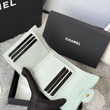 CHANEL 25S CF SMALL TRI FOLD WALLET 11 IN SOFT MINT CAVIAR GOLD HARDWARE