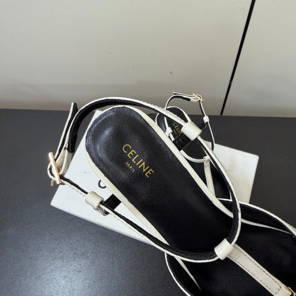 CELINE 26S TRIOMPHE T-STRAP SLINGBACK PUMPS IN WHITE PATENT CALFSKIN