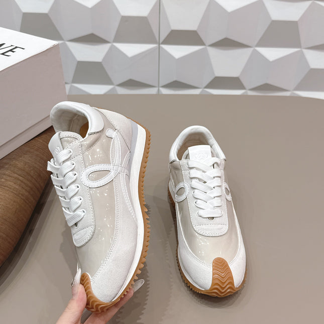 LOEWE 26S FLOW RUNNER SNEAKER IN WHITE SUEDE AND CLEAR PLASTIC AND CALFSKIN