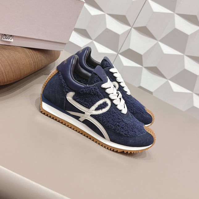 LOEWE 26S FLOW RUNNER SNEAKER IN NAVY BLUE SUEDE AND TEDDY FABRIC AND CALFSKIN