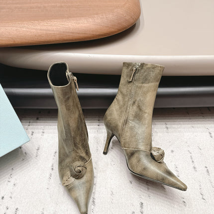 PRADA 26S POINTED TOE HEEL ANKLE BOOTS 75MM IN CHAMPAGNE GOLD CALFSKIN WITH FLORAL
