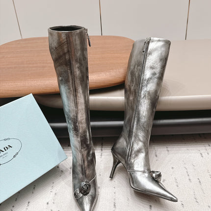 PRADA 26S POINTED TOE HEEL KNEE HIGH BOOTS 75MM IN SILVER CALFSKIN WITH FLORAL