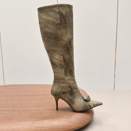 PRADA 26S POINTED TOE HEEL KNEE HIGH BOOTS 75MM IN CHAMPAGNE GOLD CALFSKIN WITH FLORAL