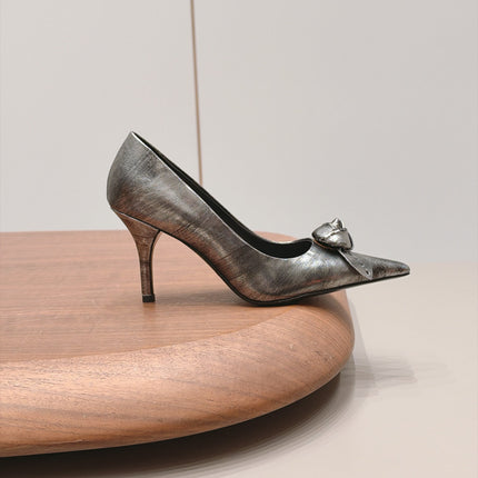 PRADA 26S POINTED TOE HEEL PUMPS 80MM IN DARK SILVER CALFSKIN WITH FLORAL
