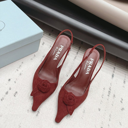 PRADA 26S POINTED TOE SLINGBACK HEEL PUMPS 80MM IN BURGUNDY RED SUEDE WITH FLORAL