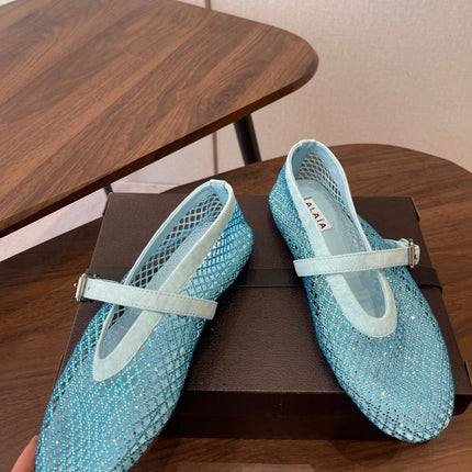 ALAIA 26S MESH FLATS IN BLUE SUEDE RHINESTONE-EMBELLISHED