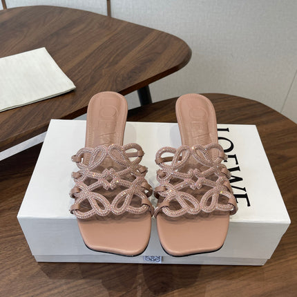 LOEWE 26S HIGH HEEL SANDALS IN TAUPE BROWN CALFSKIN WITH CRYSTALS