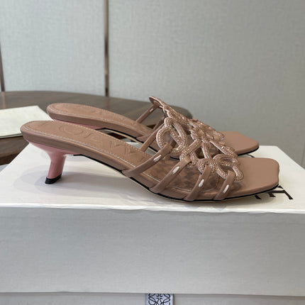 LOEWE 26S HIGH HEEL SANDALS IN TAUPE BROWN CALFSKIN WITH CRYSTALS