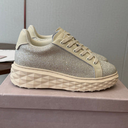 JIMMY CHOO 26S SNEAKERS IN CREAM WHITE LEATHER AND SILVER GLITTER