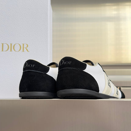 DIOR 26S LOW TOP LACE UP SNEAKERS IN WHITE FABRIC AND BLACK SUEDE