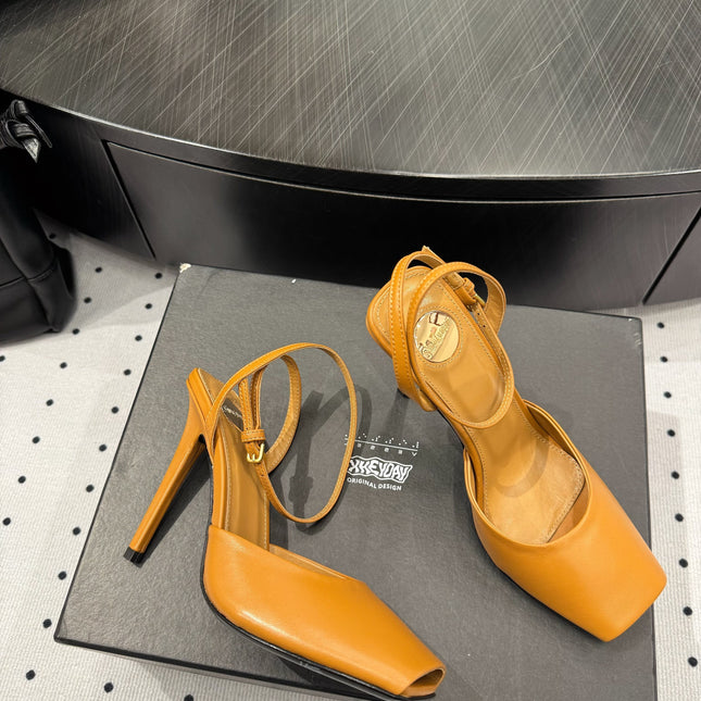 YSL 26S SQUARE-TOE HIGH HEELS 105 MM IN OCHRE YELLOW CALFSKIN