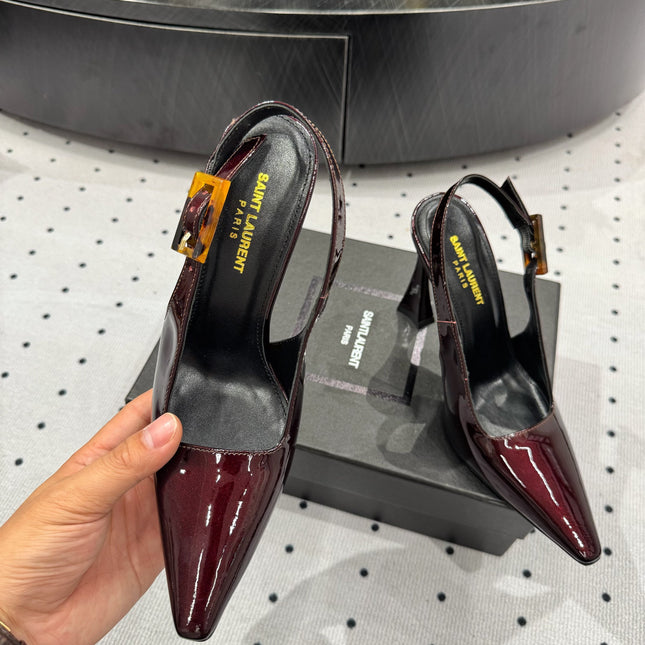 YSL 26S SLINGBACK HEELS 105 MM IN DARK RED GLOSSY CALFSKIN WITH BUCKLE CLOSURE