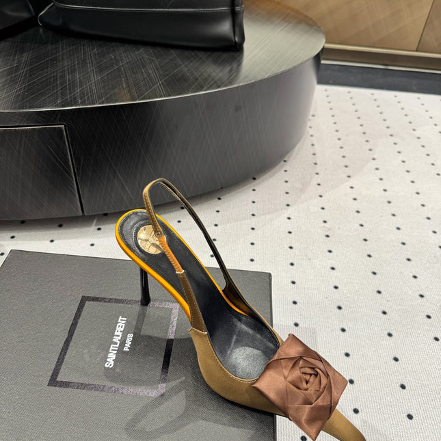 YSL 26S SLINGBACK HEELS 105 MM IN BROWN AND OLIVE SATIN
