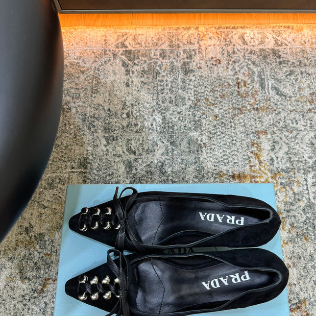 PRADA 26S POINTED TOE LACE UP STUDDED PUMPS 55MM IN BLACK SUEDE