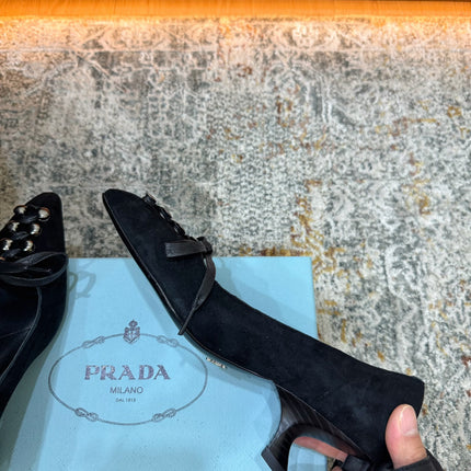 PRADA 26S POINTED TOE LACE UP STUDDED PUMPS 55MM IN BLACK SUEDE