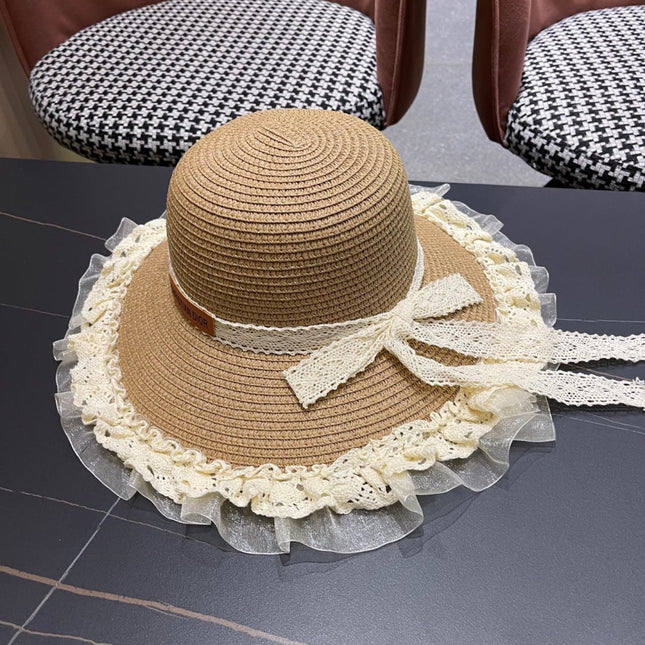HAT IN DARK BEIGE RAFFIA MIX LACE FABRIC