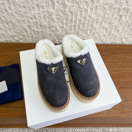 PRADA 25S PLATFORM FUR-LINED MULES IN DARK GREY SUEDE