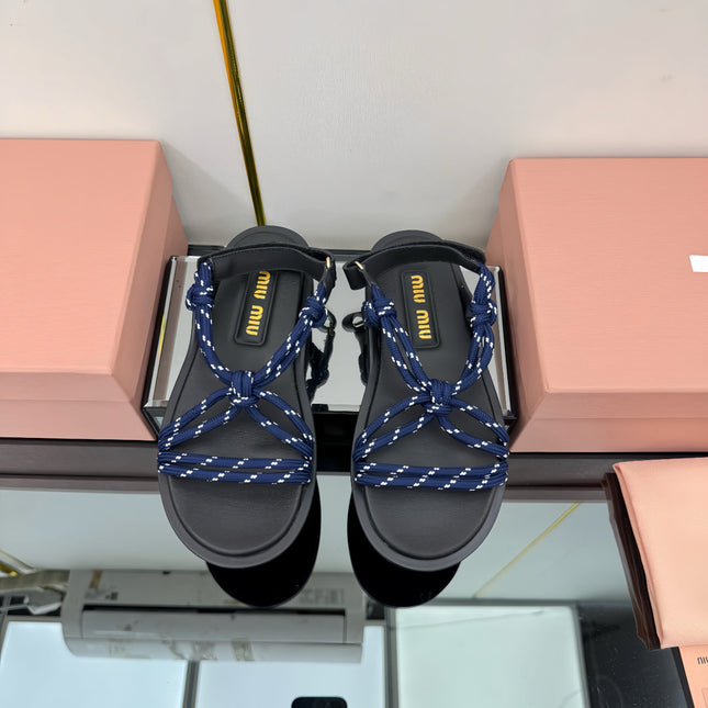 RIVIERE SANDALS IN BLACK CALFSKIN DARK BLUE CORD