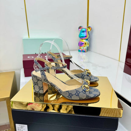 GG HEELED SANDALS 25S 65 MM IN GREY CANVAS WITH GOLD HARDWARE