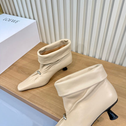 LOEWE 26S SQUARE TOE FOLD OVER ANKLE BOOTS IN LIGHT BEIGE CALFSKIN SILVER HARDWARE